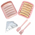 2 Pcs Silicone Sausage Mold with a Set of Silicone Brush Spatula and 25x Pastry Bags, Non-Stick Hot Dog Bun Pan, DIY Handmade Ham Sausage, Hot Dogs Baking Mold for Children's Food with Lid (Pink*2)