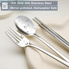DEVICO Utensils for Lunch Box, Portabl Korean Chopsticks Fork and Spoon Set | 4Pcs 18/8 Stainless Steel Travel Silverware Set with Case, for Camping/School, for Kids/Adults, Dishwasher Safe, Beige-Red