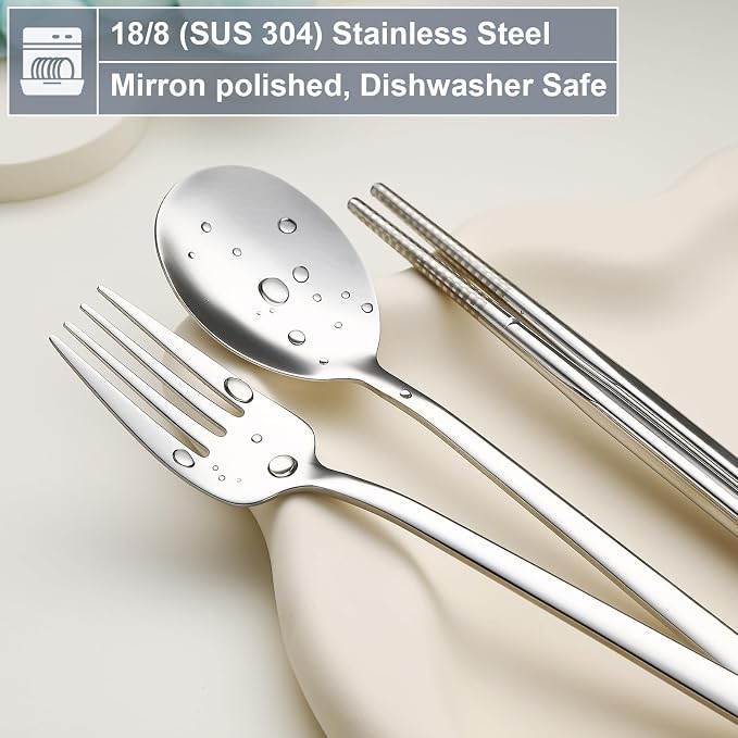 DEVICO Utensils for Lunch Box, Portabl Korean Chopsticks Fork and Spoon Set | 4Pcs 18/8 Stainless Steel Travel Silverware Set with Case, for Camping/School, for Kids/Adults, Dishwasher Safe, Beige-Red