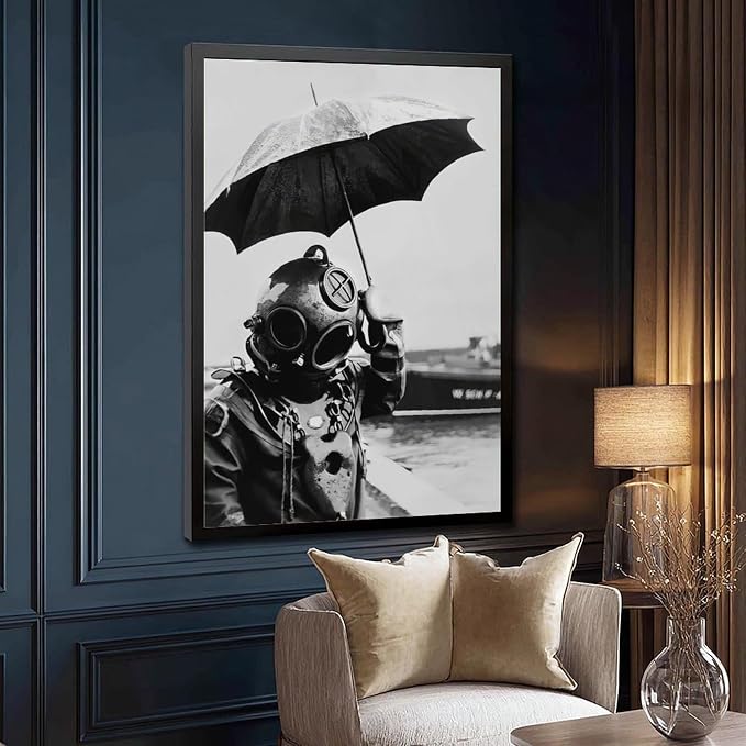 UXCBIA Deep Sea Diver Holding Umbrella, 1940s Paris, Black And White Vintage Photo, Lake House Poster Canvas Poster Bedroom Decor Sports Landscape Office Room Decor Gift Black Frame 12x18in(30x45cm)