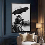 UXCBIA Deep Sea Diver Holding Umbrella, 1940s Paris, Black And White Vintage Photo, Lake House Poster Canvas Poster Bedroom Decor Sports Landscape Office Room Decor Gift Black Frame 12x18in(30x45cm)
