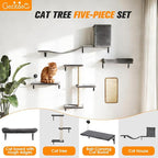 5 Pcs Wooden Indoor Cat Climber - Wall-Mounted Shelves, Perches, Scratching Board, Cat Ladder & Cat Tree - Grey