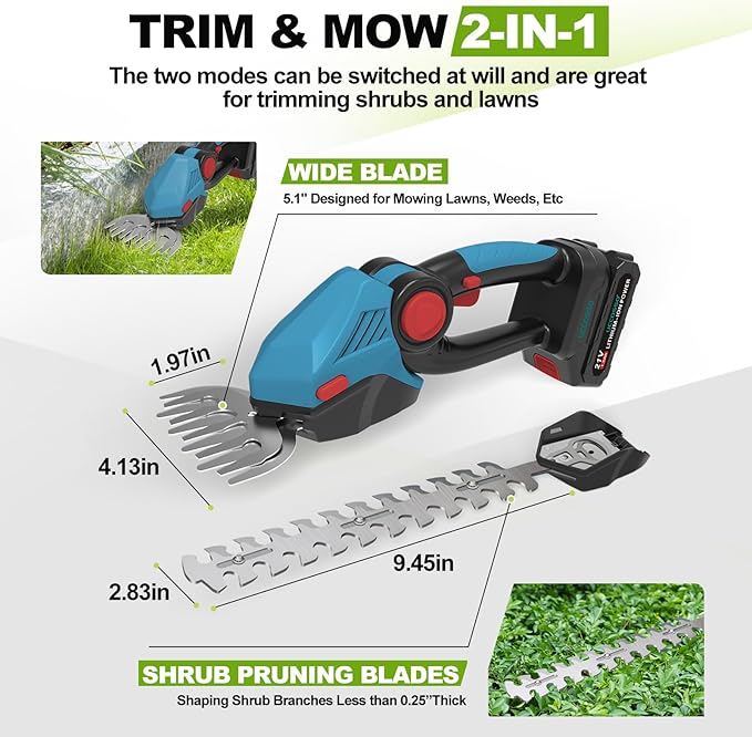 Cordless Hedge Trimmer,21v Electric Grass Shears & Shrub Trimmers,Handheld 2-in-1 Battery Powered Hedge Trimmer for Patio/Lawn, Gardening Tools, Included Charger (Blue-Red+1 * Battery)