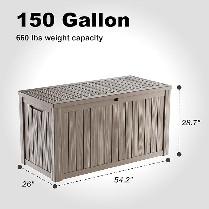 150 Gallon Deck Box,Resin Outdoor Storage Box with Lockable for Patio Furniture, Pool Accessories, Garden Tools Waterproof Outside Storage Box, Grey