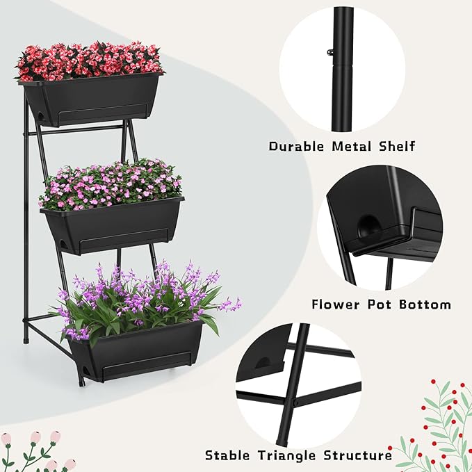 Vertical Raised Garden Bed 3 Tier Elevated Garden Planters Stand Up Garden Planter Box with Drainage Holes for Outdoor Indoor Plants Herbs Flowers Vegetables Black