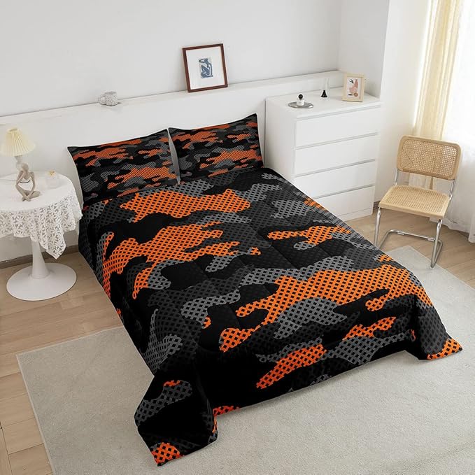 Erosebridal Army Camouflage Comforter Set Twin Size Teens Adult Camo Bedding Set for Kids Boys Girls Colorful Pattern Decor Down Comforter Orange Black Grey Duvet Set Geometric Pattern Quilt Set