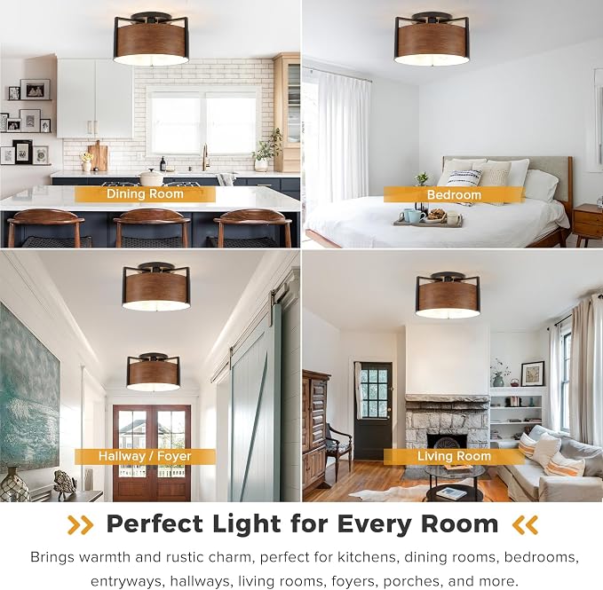 15'' Farmhouse Semi Flush Mount Ceiling Light, 3-Light Rustic Hallway Entryway Light Fixtures, Metal Wood Grain Finish Close to Ceiling Lights for Kitchen Dining Room Bedroom Living Room Foyer