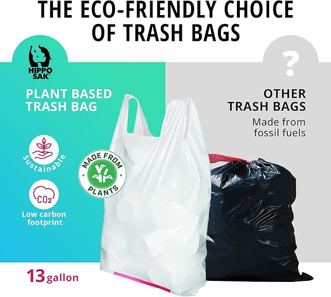Hippo Sak - Plant Based Tall Kitchen Garbage Bags with Ergonomic Handles - 13 Gallon Trash Bags - Recyclable & Reduced Carbon Footprint - Super Strong and Leak Proof Tall Kitchen Trash Bags (45 Count)