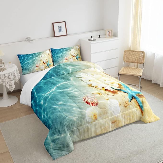 Ocean Comforter Set King Beach Bedding Coastal Nature Theme Pattern Teal Duvet Set Boys Girls Hawaiian Quilt Sets Sea Wave Animals Starfish Reversible Comforter Set 2 Pillowcases, Blue Room Decor