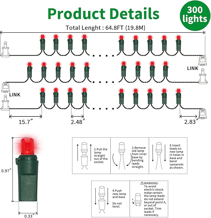 Red Wide Angle LED Christmas Lights, 64.8 Ft 300 Count, Pack of 3 Strands 21.9 Ft 100 Lights UL Certified Commercial Grade Green Wire 5mm Holiday String Light
