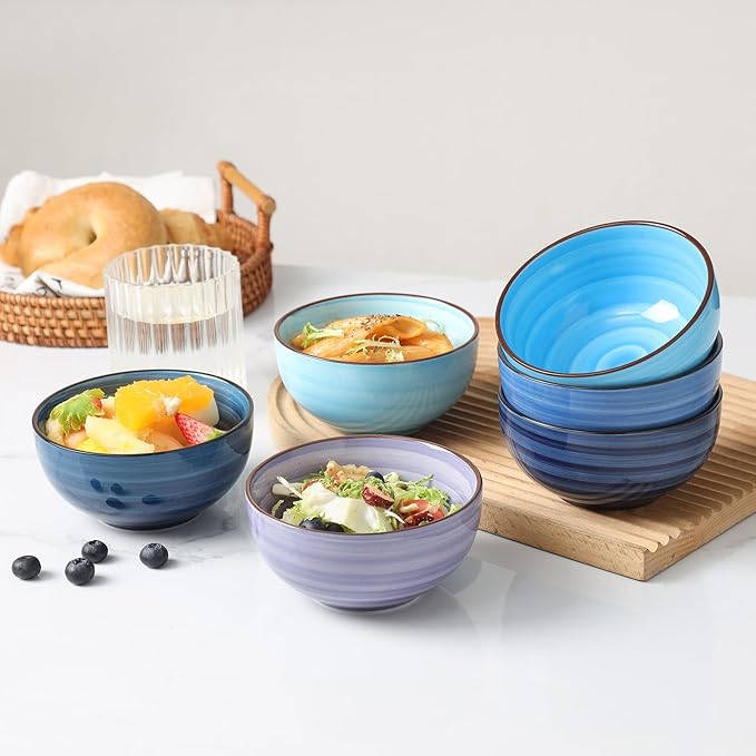 KitchenTour Dessert Bowls Set of 6, 12 OZ Ceramic Cereal Bowls for Kitchen, 4.7 Inch Small Bowls for Snack, Fruit, Ice Cream - Microwave & Dishwasher Safe, Assorted Cool Colors