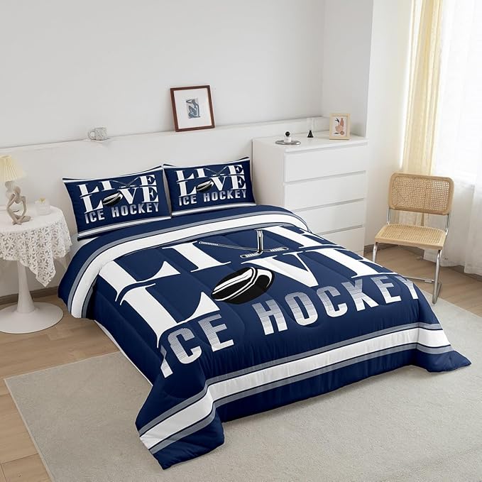Ice Hockey Bedding Set Full Size Ice Sports Games Comforter Set for Kids Boys Girls Decor Hockey Player Comforter Microfiber Puck Hockey Duvet Set Bedroom Quilt Set