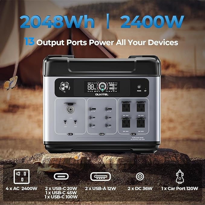 OUKITEL Portable Power Station 2048Wh, 2400W (5000W Surge), Pure Sine Wave AC Outlet, LiFePO4 Battery for Home Backup, Outdoors Camping