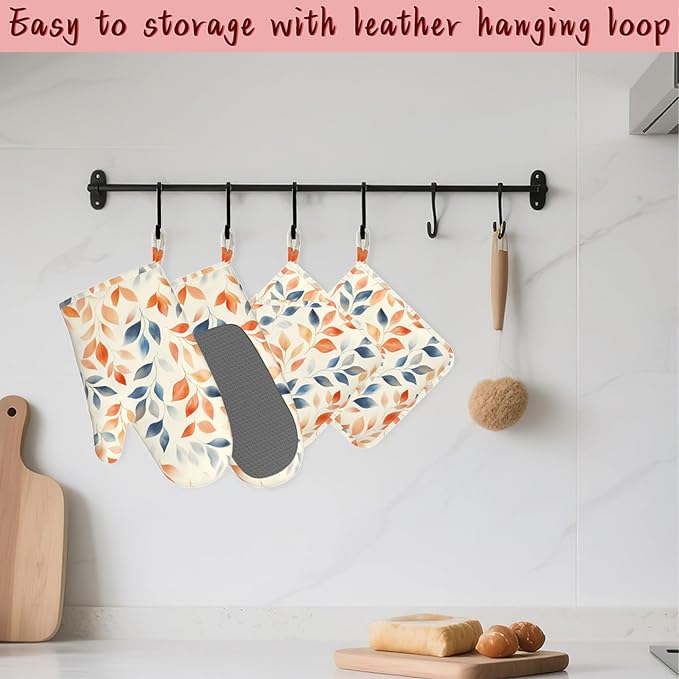 Autumn Leaves Heat-Resistant Silicone Oven Mitts and Pot Holder 4 Piece Set,Non-Slip Kitchen Oven Gloves for Baking, BBQ, Cooking,Grilling