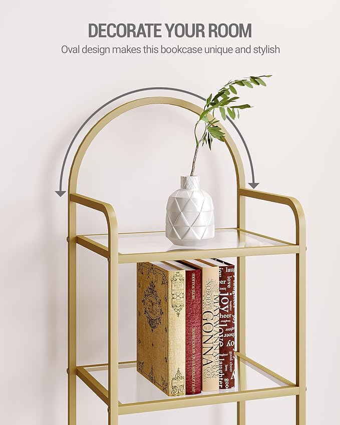 Bookcase Bookshelf, Tempered Glass Bookshelves, Slim Shelving Unit for Bedroom, Bathroom, Home Office, Steel Frame, 3 Tier Gold BC10301G