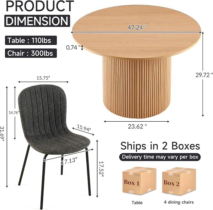 5 Piece Round Dining Table Set for 4, Mid Century Modern Wooden Kitchen Table and Chairs, Space-Saving Small Dinette Set (47 Inch Oak Table+4 Grey Chairs)