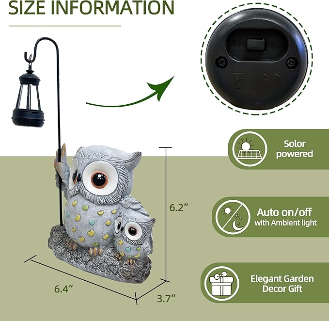 Garden Statues Owl with Solar LED Lantern, Resin Solar Garden Decor for Outside, Yard Decorations Outdoor for Patio, Porch, Balcony, Lawn Ornaments, House Warming Birthday Gifts for Mom Women Grandma