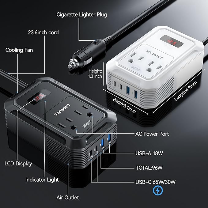 200W Car Power Inverter DC 12V to 110V AC Inverter with PD 65W/30W USB C & 2 QC 18W USB Ports & 2 AC Outlets,Car Pluɡ Adapter Outlet for Laptop/Phone/Road Trip