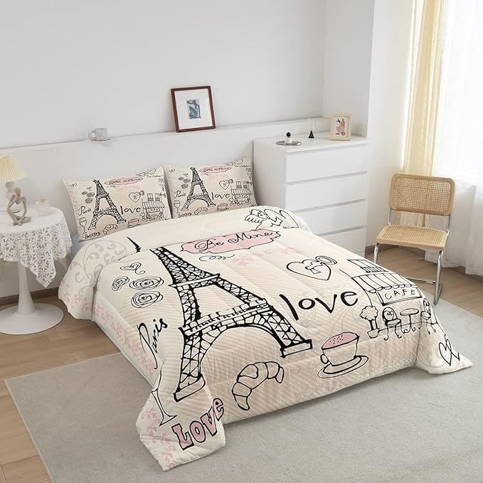 Feelyou Eiffel Tower Comforter Set Paris Tower Comforter for Girls Romantic Rose Chic Paris Bedding Set Paris Cityscape Printed Heart Love Duvet Set Room Decor Quilt King Boys