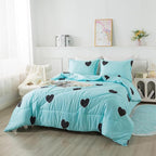 Heart Pattern Girls Comforter Set Twin Size, Light Blue Cute Love Print Comforter Bedding Set, Soft Microfiber Comforter Set with Pillowsham