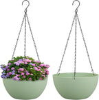 10 inch Hanging Planters Plant Pots for Indoor Outdoor Plants, 2 Pack Hanging Flower Pots with Drainage Holes and Chain for Garden Porch, Plastic Hanging Baskets for House Plants, Green