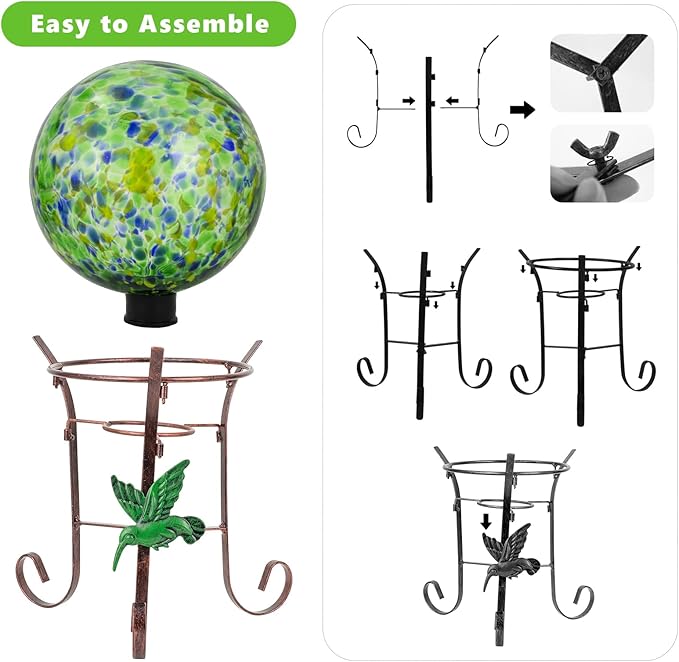 10 Inch Glass Gazing Ball, with 9.4" Tall Metal Gazing Globe Stand, Glass Balls Display Holder Set for Outdoor Garden Lawn Yard Decoration, Bright Summer Burst