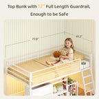 Bonnlo Low Loft Bed with 3 Drawers, 2-Tier Storage Shelf and Toy Storage Basket, Metal loft Bed Twin Size with LED Lights and Safety Guardrail for Kids (White)