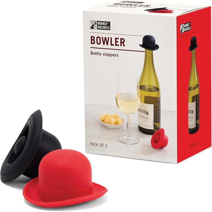 Monkey Business Silicone Wine Stopper | Seals Bottle and Keeps Wine Fresh/Cute Wine Accessories/Kitchen Gadgets/Bowler Hat Bottle Stopper (Set of 2)