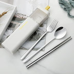 DEVICO Travel Utensils with Case, 4Pcs Korean Chopsticks Fork and Spoon Set | 18/8 Stainless Steel Portable Cutlery Set, Reusable Silverware for Lunch Box/Camping/Work/School, Dishwasher Safe, White