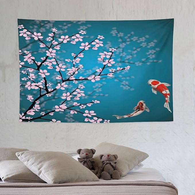 Houselerax Japanese Koi Fish Tapestry, Cherry Blossoms Asian Oriental Green Teal Flower Branch Koi Fish Carp Tapestries Wall Hanging for Bedroom Living Room Office Decor 60"x40"