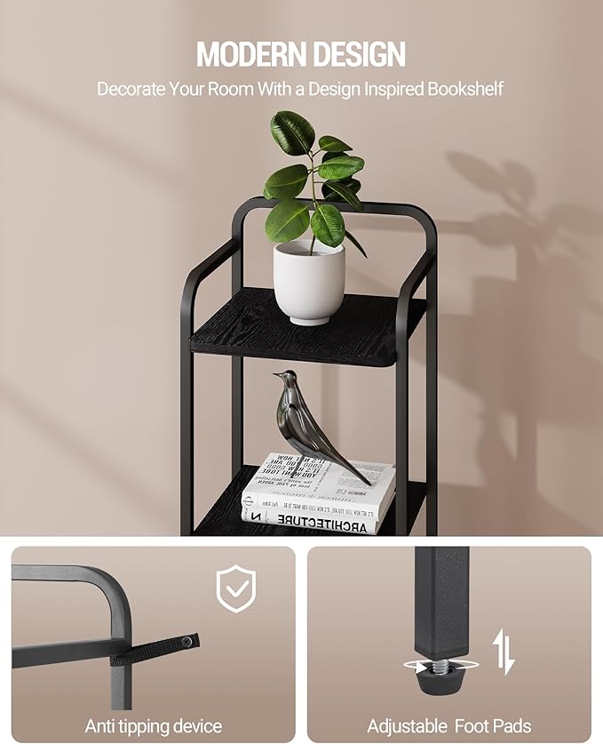 Bookcase Bookshelf, Narrow Book Shelf, Industrial Coner Shelf Storage Organizer, Slim Shelving Unit for Home Office, Living Room, Bedroom, Kitchen, 5-Tier Black BC24504B