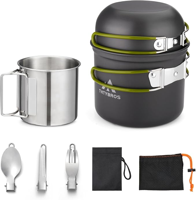 Camping Cookware Kit Backpacking, 0.33Gal Pots and 0.17Gal Pans Set,0.08Gal SUS304 Cup, Forks Knives Spoons for Hiking,Camping,Outdoor Cooking,Picnic,Solo Camping cookware