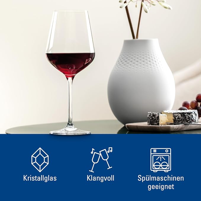 Villeroy & Boch La Divina Collection Bordeaux Goblet, Set of 4, Crystal Glass, 22 oz Capacity | Crystal glass Bordeaux goblets, made in Europe, dishwasher safe, curved lines showcase a classic red's bouquet