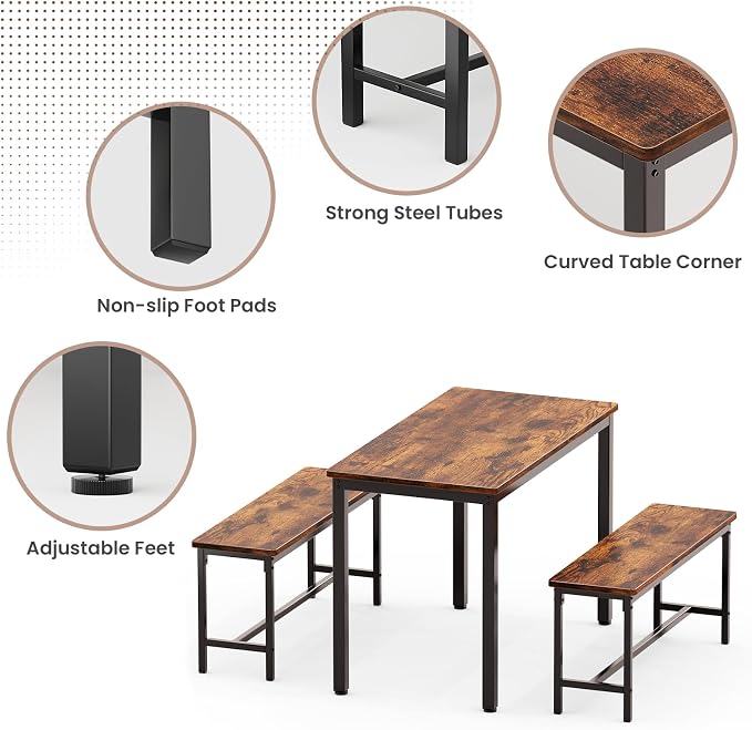 Dining Table Set for 4, Kitchen Table with 2 Benchs, Brown | Modern Functional 3 Piece Space-Saving Dining Room Table Set for Apartment, Breakfast Nook, Small Space
