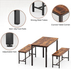 Dining Table Set for 4, Kitchen Table with 2 Benchs, Brown | Modern Functional 3 Piece Space-Saving Dining Room Table Set for Apartment, Breakfast Nook, Small Space