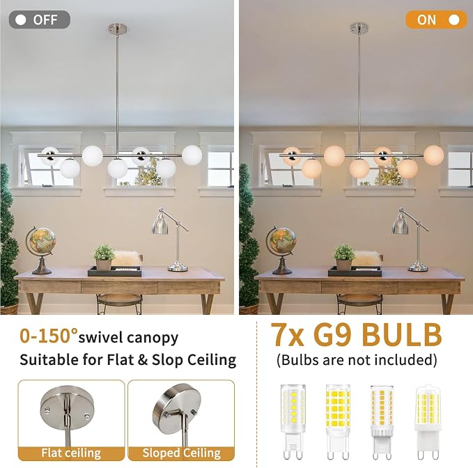 Brushed Nickel Mid Century Modern Chandelier, Linear Sputnik Bubble Pendant Light with Milk Glass Globes, Dimmable Dining Room Light Fixtures over Table for Kitchen Island Living Room Foyer Bedroom
