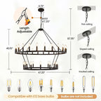 47 Inch Black Wagon Wheel Chandelier, 2 Tier 36-Lights Farmhouse Chandelier for Living Room, Round Rustic Dining Room Light Fixture, Extra Large Foyer Chandeliers for High Ceilings, for Entryway