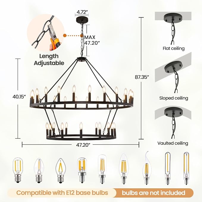 47 Inch Black Wagon Wheel Chandelier, 2 Tier 36-Lights Farmhouse Chandelier for Living Room, Round Rustic Dining Room Light Fixture, Extra Large Foyer Chandeliers for High Ceilings, for Entryway