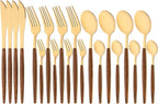 20 Piece (4 Set) Wood Handle Silverware Set, Retro 18/0 Stainless Steel Cutlery Set, Kitchen Utensils Include Knife Fork Spoon, Mirror Polish, Gold