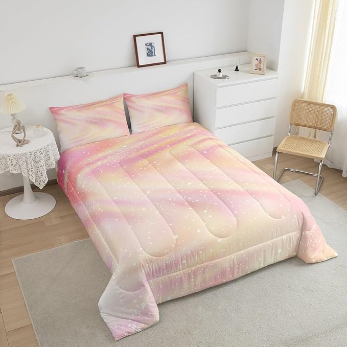 Girls Pastel Bedding for Kids Toddlers, Glitter Galaxy Space Bedding Comforter Sets Gradient Sparkle Comforter Set for Boys Girls Bedroom, Tie Dye Pastel Bedroom Decor 3 Pcs, Full ( Pink Yellow)
