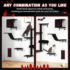 5 Pcs Wall-Mounted Climber Set, Wood Indoor with Shelves and Perches, Ladder, Condo House, Scratching Board and Tree, Wall Shelves Furniture for Cats (Black&Red)