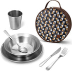Odoland Stainless Steel Camping Mess Kit for Family & Person | Cooking Tableware Utensils with Plates Bowls Forks Spoons Knives & Savings Bag for Camping, Backpacking, Hiking, Picnic