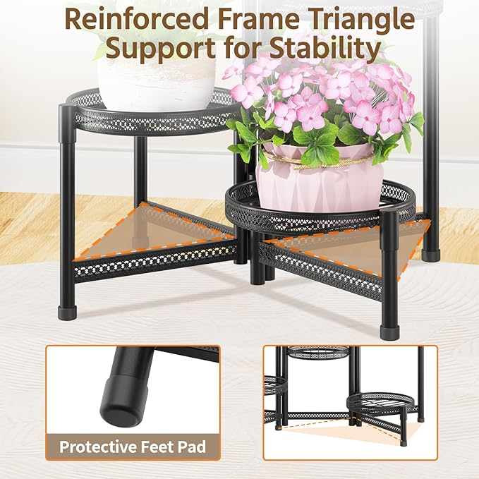 LASZOLA 5 Tiered Folding Tall Plant Stand for Indoor Outdoor Corner, Larger Heavy Duty Metal Adjustable Multiple Rack with 10 Inch Wide Hollow Tray, Flower Planter Holder for Modern House Patio, Black