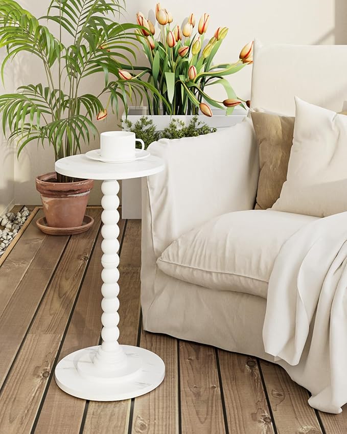 Masupu Round Side Table, Small Drink Table for Small Spaces, Pedestal End Table with Solid Wood Leg for Living Room, Bedroom, Corners(Marble White)