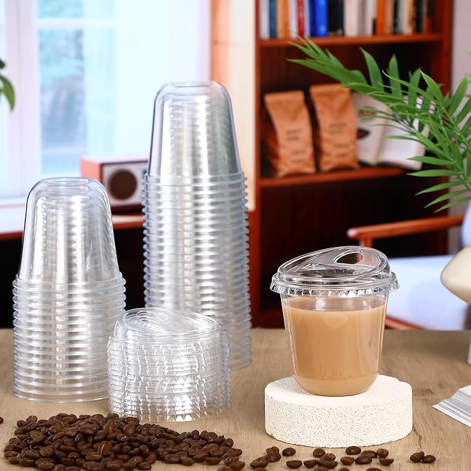 Ziliny 50 Sets Clear Plastic Coffee Cups with Sip Lids, Disposable Plastic PET Crystal Cups for Iced Coffee, Smoothie, Cold Beverage, Drink Shops and Party Catering (Clear,10 oz)