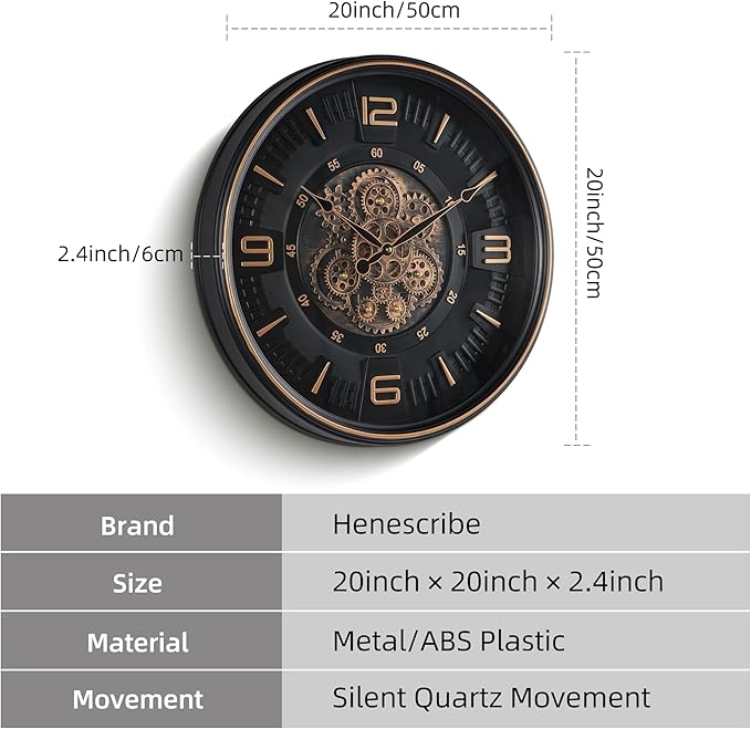 20in Large Real Moving Gears Wall Clock for Living Room, Battery Operated Wall Clocks Decorative Vintage, Home Office Clock, Gift for Family, Friends