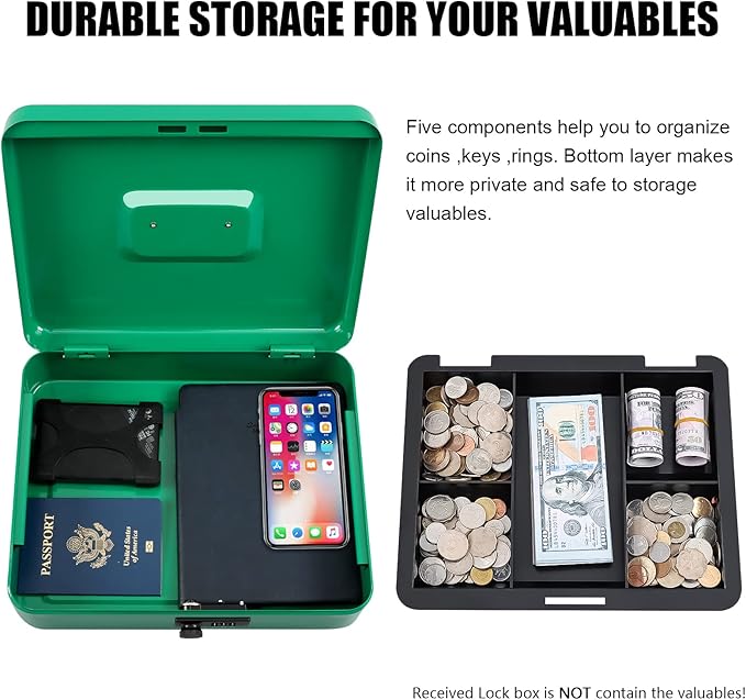 KYODOLED Metal Cash Box with Combination Lock Money Box for Cash Safe Metal Box with Money Tray for Security Lock Box 11.81"x 9.45"x 3.54" Green X Large