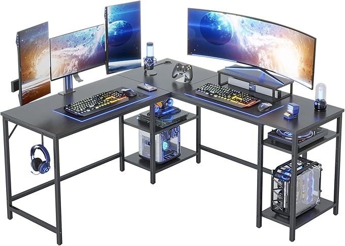 BANTI L Shaped Desk with Storage, 59 Inch Reversible Corner Computer Desk or 2 Person Long Table Desk, Home Office Large Gaming Writing Storage Workstation with Monitor Stand, Black