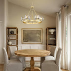 Gold Wagon Wheel Chandelier, 24 Inch Brass Chandeliers with Unique Glass Shade, 6-Light Crystal Farmhouse Wagon Wheel Chandeliers for Dining Room, Round Chandelier for Living Room, Foyer, Entryway