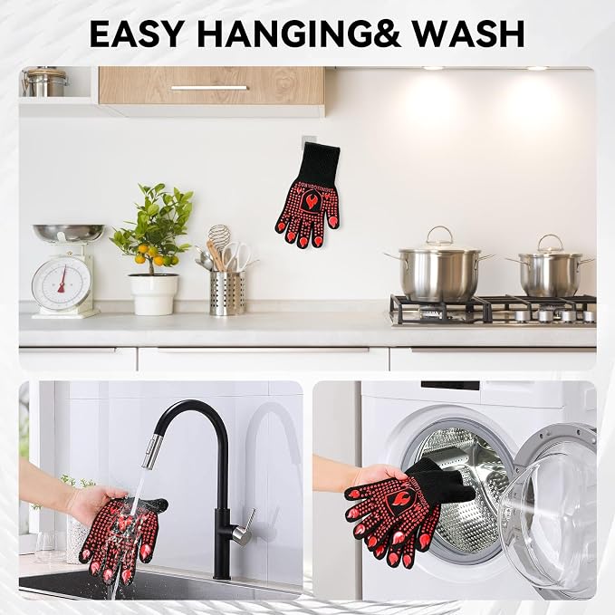 BBQ & Grill Gloves, Oven Gloves, 1472°F Silicone Oven Mitts Heat Resistant Grilling Gloves Fireproof Non-Slip for Barbecue Cooking Baking Smoking, 1-Pair Red（L）